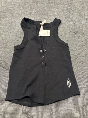Free People Black Ribbed Henley Tank with Silver Leaf Accent